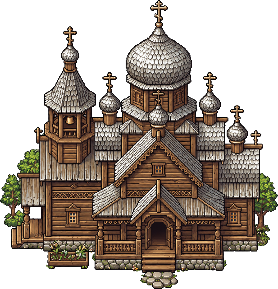 Multi-cupola Karelian wooden church in elevated orthographic view with carved timber detail, belfry, and stone footing